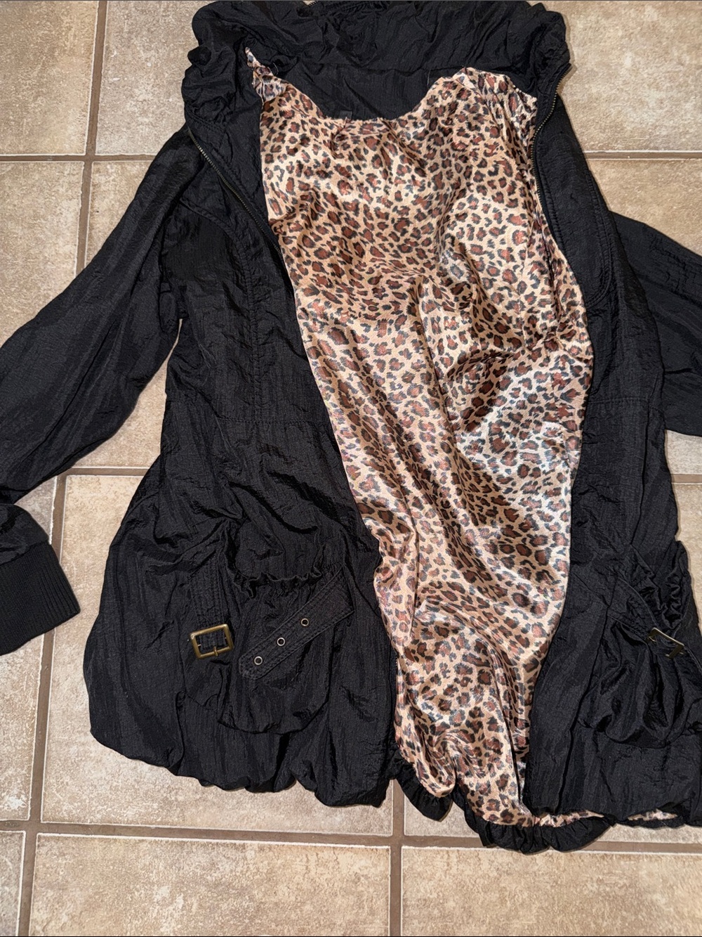 Black Women's Hooded Coat with Leopard Lining- reversible